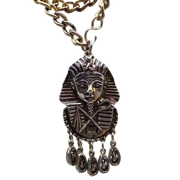 Vintage Large King Tut Pendant on Chunky Gold Tone Curb Link Chain Egyptian Phar - Picture 2 of 5